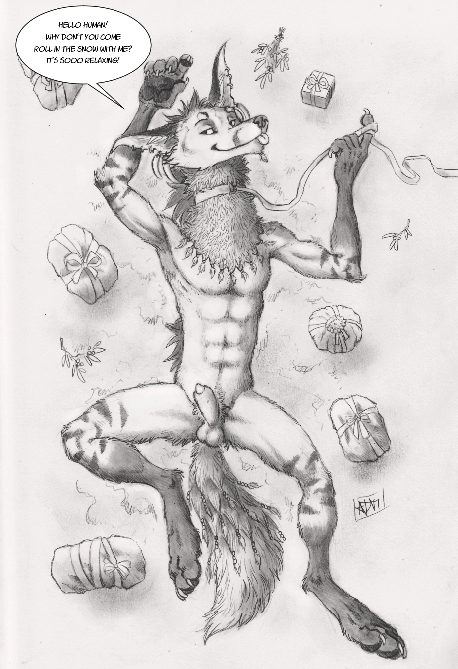0laffson 2023 abs animal_genitalia anthro balls blep canid canine christmas claws collar dialogue ear_piercing ear_ring english_text fur genitals gift gift_bow graphite_(artwork) greeting hi_res holding_leash holding_object holidays inviting leash lof_(0laffson) looking_aside lying male mammal maned_wolf mistletoe monochrome narrowed_eyes neck_tuft nude on_back outside pencil_(artwork) penis penis_tip piercing plant ring_piercing sheath signature snow solo speech_bubble tail_beads talking_to_another text tongue tongue_out traditional_media_(artwork) tuft