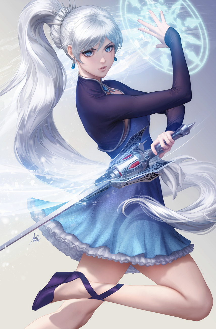 1girl blue_eyes cropped_jacket dress earrings high_collar high_heels highres holding holding_sword holding_weapon jewelry long_hair long_sleeves looking_at_viewer magic_circle myrtenaster necklace parted_lips pendant petticoat ponytail rapier realistic rwby scar scar_across_eye scar_on_face side_ponytail solo stanley_lau sword thighs tiara very_long_hair weapon weiss_schnee white_dress white_hair