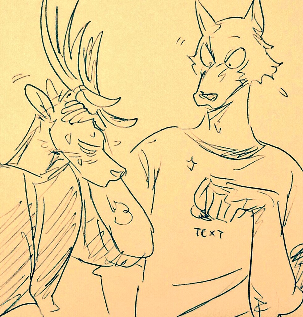 anthro antlers beastars blush bodily_fluids breath canid canine canis clothed clothing deer duo fist fist_bump fully_clothed gesture hand_on_head horn legoshi_(beastars) louis_(beastars) male male/male mammal relieved sigh sweat waiting wolf wuffinarts