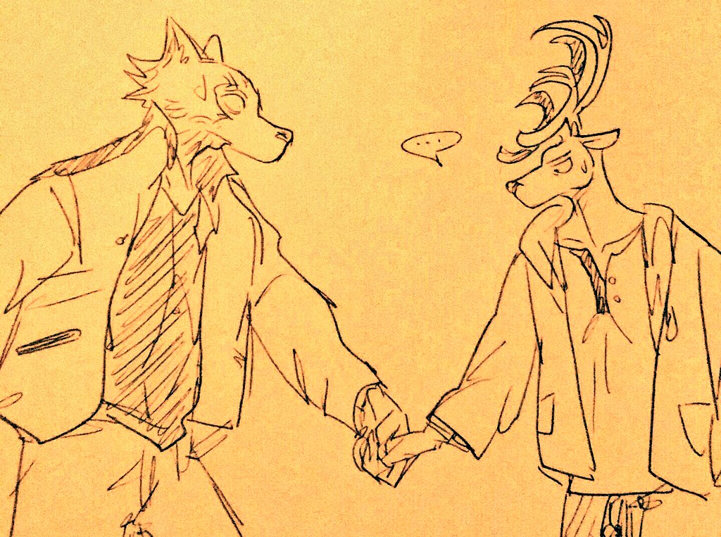 anthro antlers beastars bodily_fluids canid canine canis clothed clothing deer duo ellipsis fully_clothed hand_holding horn legoshi_(beastars) looking_at_another looking_at_partner louis_(beastars) male male/male mammal narrowed_eyes sweat wolf wuffinarts