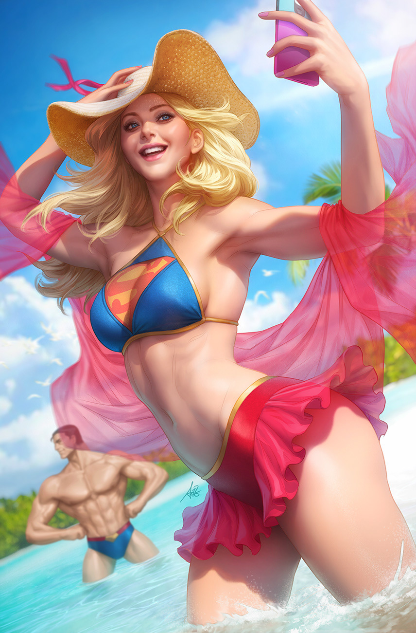 1boy 1girl abs bikini blonde_hair blue_eyes breasts cellphone clark_kent cloud dc_comics frilled_bikini frills grin hand_on_headwear hat highres holding holding_phone in_water long_hair muscular muscular_male navel open_mouth pectorals phone realistic signature sky small_breasts smartphone smile solo_focus stanley_lau sun_hat supergirl superman superman_(series) swimsuit teeth