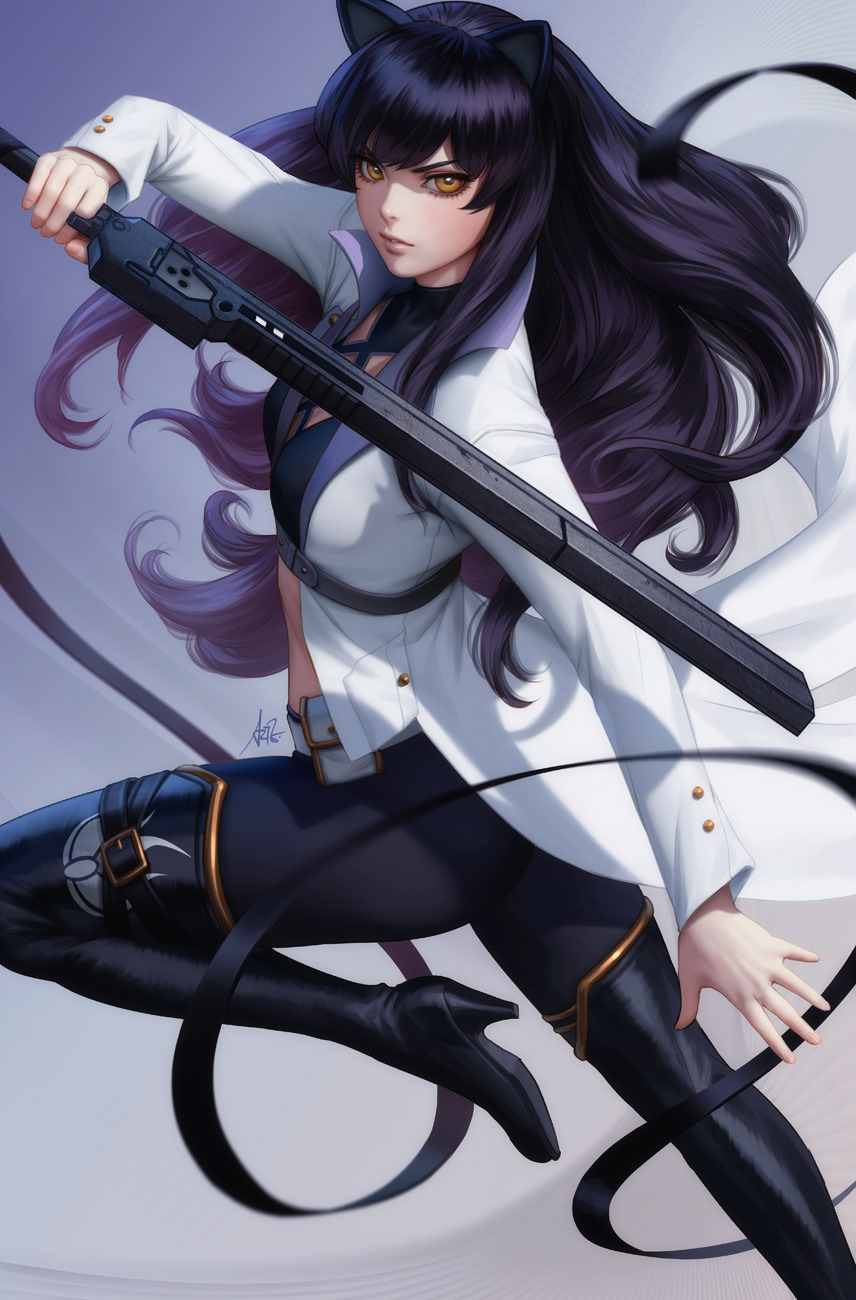 1girl animal_ears black_footwear black_hair black_pants blake_belladonna boots cat_ears cat_girl high_heel_boots high_heels highres holding holding_weapon jacket long_hair long_sleeves looking_at_viewer open_clothes open_jacket pants realistic rwby signature stanley_lau weapon white_jacket yellow_eyes