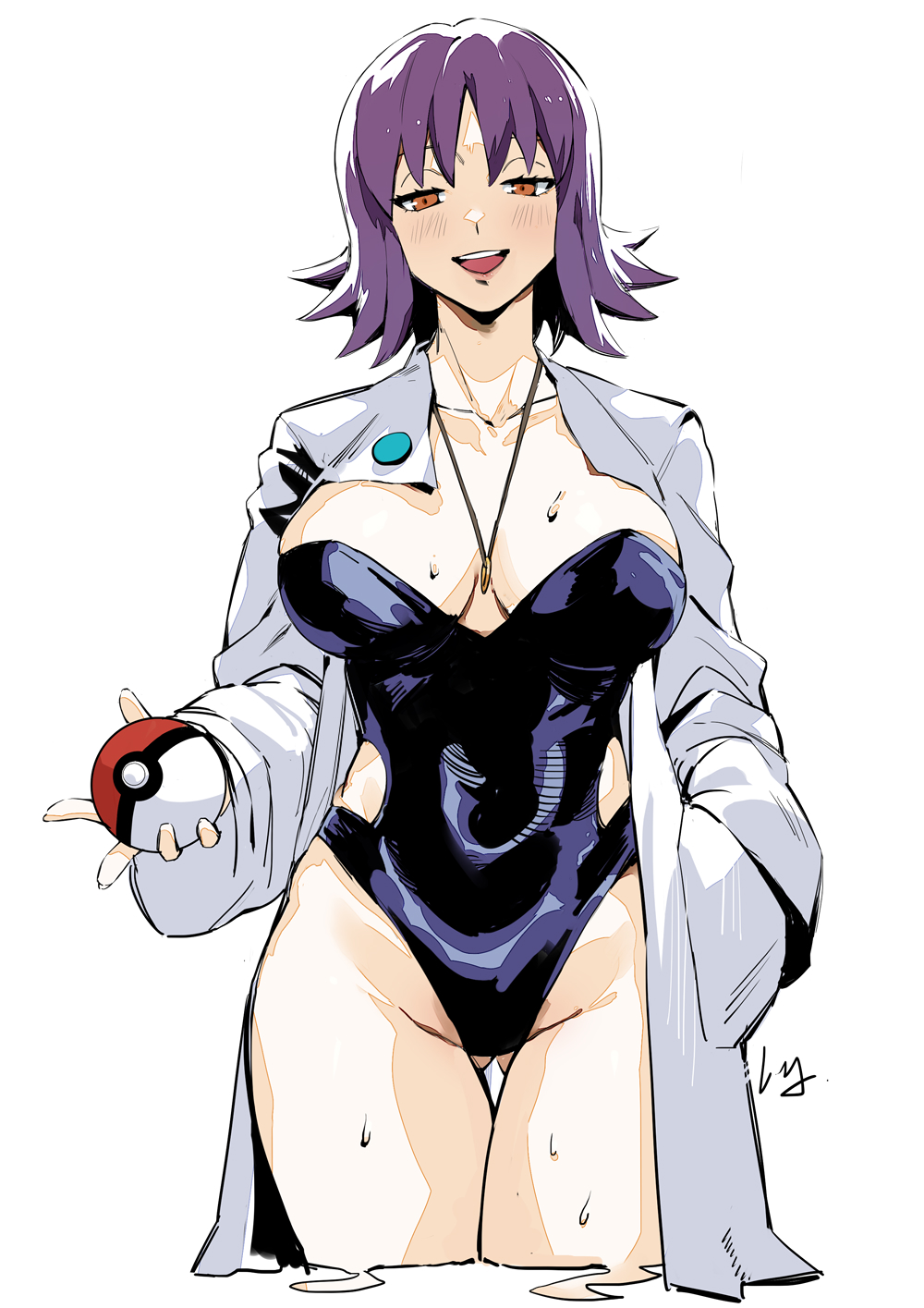 1girl bangs breasts brown_eyes cleavage club3 collarbone commentary_request hand_in_pocket highleg highleg_swimsuit highres holding jewelry labcoat large_breasts lips long_hair long_sleeves looking_at_viewer necklace open_mouth philena_ivy poke_ball pokemon pokemon_(anime) pokemon_(classic_anime) purple_hair shiny shiny_hair simple_background solo swimsuit teeth thighs upper_teeth_only water water_drop wet white_background