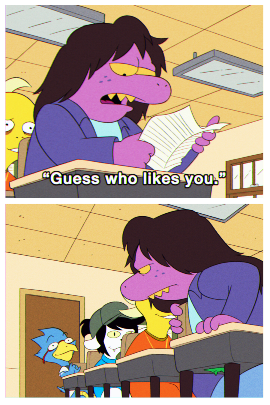 ambiguous_gender angusburgers anthro avian berdly bird deltarune dialogue english_text eyewear glasses hi_res inside lizard male monster_kid reading reptile scalie school_desk susie_(deltarune) temmie_(deltarune) text the_simpsons undertale_(series)