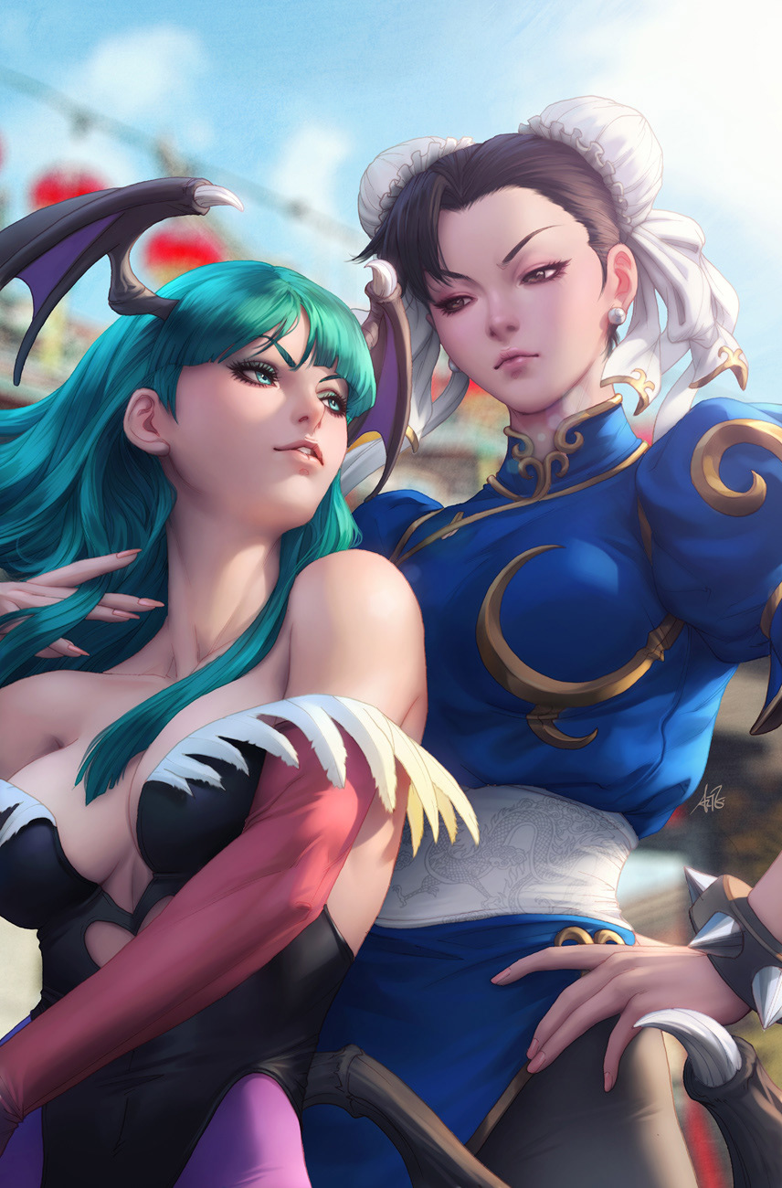 2girls bare_shoulders black_hair blue_dress breasts bun_cover capcom china_dress chinese_clothes chun-li cleavage crossover demon_girl double_bun dress earrings eyelashes eyeshadow fingernails forehead green_eyes green_hair hair_bun hair_flip hand_on_hip head_wings highres jewelry lens_flare leotard lips long_fingernails low_wings makeup medium_breasts morrigan_aensland multiple_girls official_art pantyhose puffy_short_sleeves puffy_sleeves sash short_hair short_sleeves stanley_lau street_fighter street_fighter_vs._darkstalkers udon_entertainment vampire_(game) wings