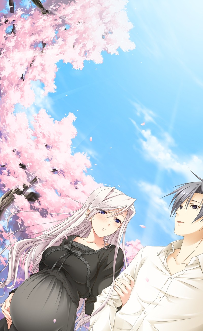 1boy 1girl blue_eyes breasts charlotte_hazellink cherry_blossoms couple dress dutch_angle game_cg grey_eyes highres holding_hands husband_and_wife love outdoors pink_hair pregnant princess_lover purple_eyes silver_hair sky spring summer trees