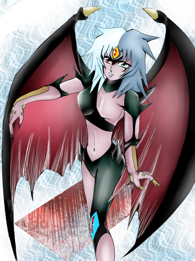asymmetrical_clothes blue_hair blue_lipstick chest claws crop_top demon_girl demon_wings duel_monster green_eyes heterochromia light_smile lipstick looking_at_viewer makeup midriff multicolored_hair navel outstretched_arm pink_skin red_eyes short_hair slender_waist smile solo spiked_hair spikes standing third_eye turtleneck two-tone_hair white_hair wings yellow_sclera yubel yuu-gi-ou yuu-gi-ou_gx