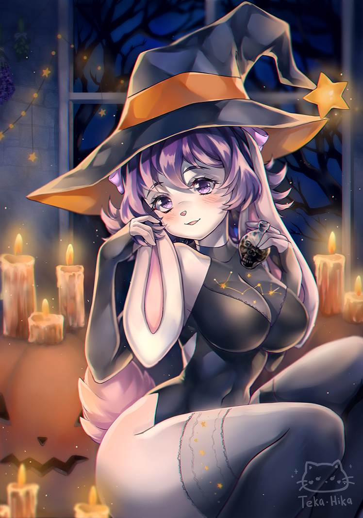 2019 anthro artist_name biped black_clothing blush breasts candle clothed clothing digital_media_(artwork) female hair halloween hat headgear headwear holidays inside jack-o'-lantern lagomorph leporid lit_candle mammal open_mouth purple_eyes purple_hair rabbit shaded solo suzie_(sindiewen) tekahika wall_(structure) window witch_hat