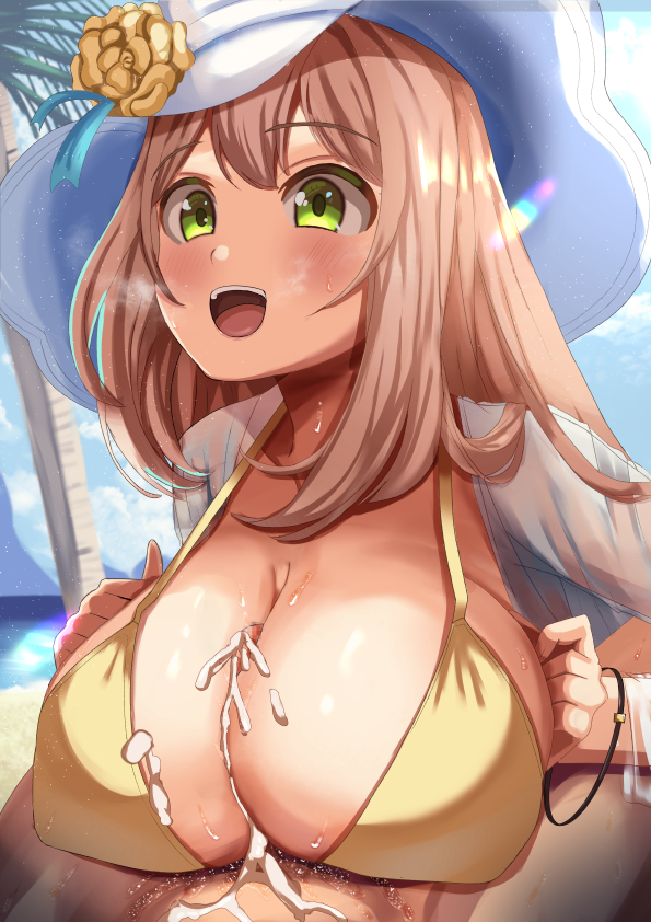 1boy 1girl :d after_paizuri araimooah bangs beach bikini blue_archive blue_sky bracelet breasts brown_hair censored cum cum_on_body cum_on_breasts flower green_eyes hat hat_flower hat_ribbon horizon huge_breasts jacket jewelry long_hair mosaic_censoring nonomi_(blue_archive) nonomi_(swimsuit)_(blue_archive) official_alternate_costume open_mouth outdoors paizuri paizuri_under_clothes palm_tree penis ribbon see-through see-through_jacket sensei_(blue_archive) sky smile solo_focus sun_hat swimsuit tree white_headwear yellow_bikini