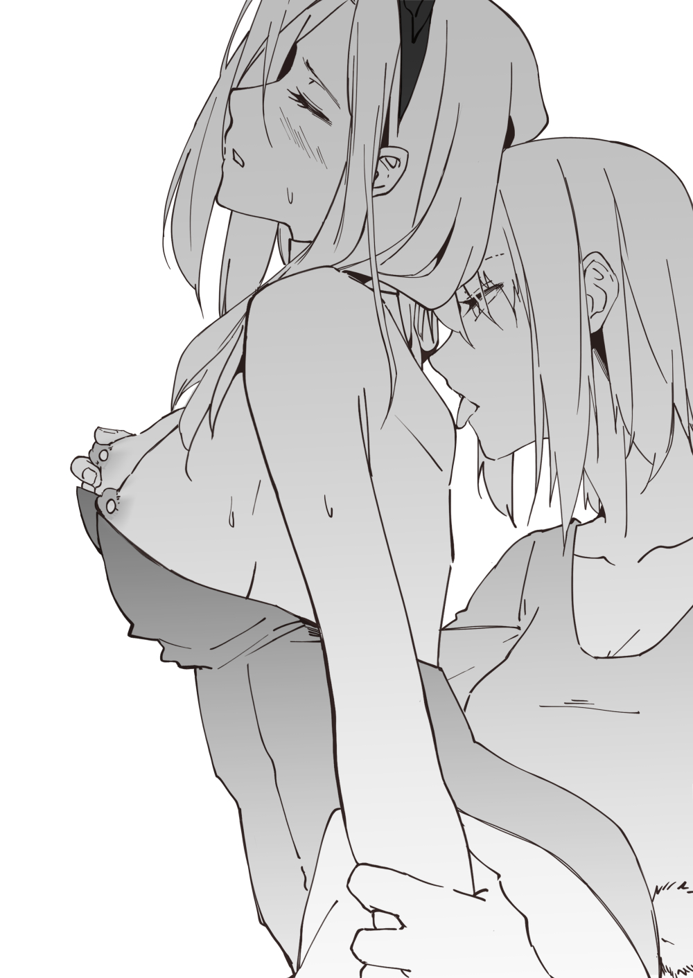 2girls blush breasts closed_eyes eyes_visible_through_hair highres iceky licking licking_back multiple_girls nipple_piercing nipple_tweak nipples original parted_lips piercing rabbit_tail tail tongue tongue_out yuri