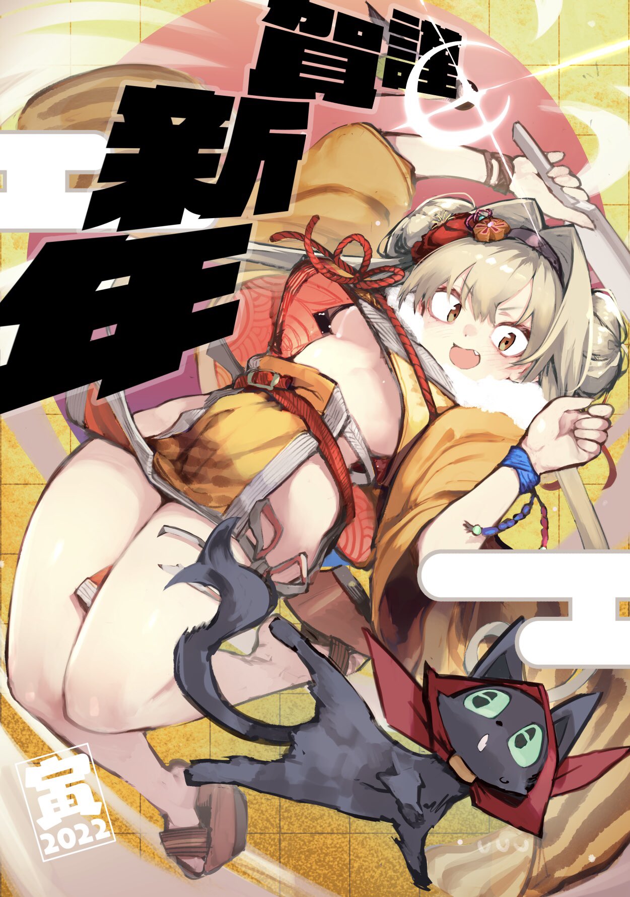 1girl 2022 arm_up bangs belt black_cat black_hairband blonde_hair breasts brown_footwear cat chinese_zodiac commentary diffraction_spikes double_bun egasumi fang floating hagoita hair_bun hair_intakes hairband hanetsuki happy_new_year highres holding holding_paddle hyocorou leg_up long_hair looking_at_viewer midriff miniskirt new_year no_bra open_mouth orange_eyes orange_shirt orange_skirt original paddle red_belt sandals shirt short_sleeves skirt small_breasts smile solo sweat translated twintails upshirt very_long_hair wide_sleeves wristband year_of_the_tiger