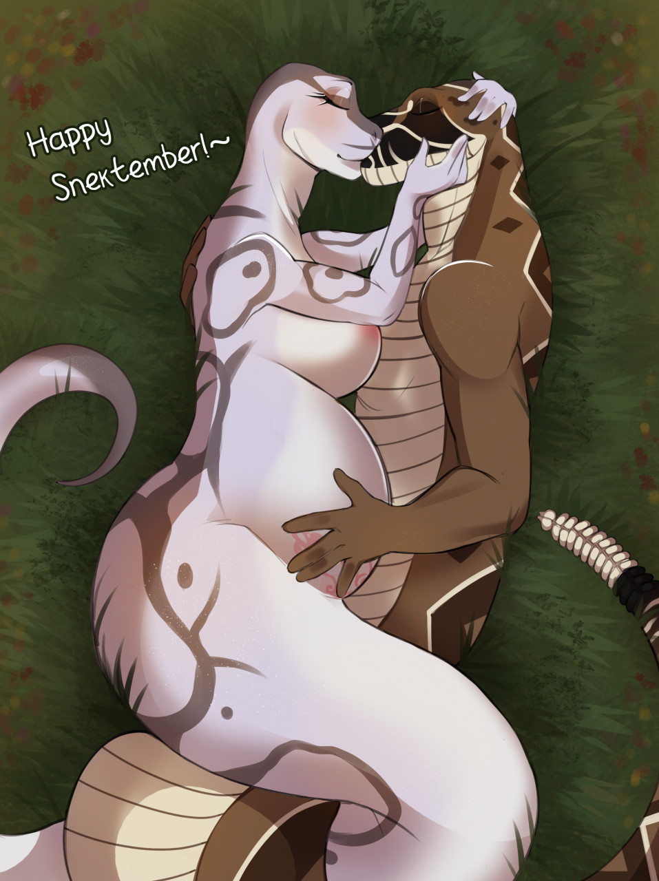 akasha_(chsnake5050) anthro apode areola belly belly_scales big_belly big_breasts bindweed_(artist) breasts brown_body brown_scales draconcopode duo embrace eyes_closed female grey_body grey_scales hi_res hug intimate kiss_on_lips kissing legless love lying male male/female naga on_grass on_side pink_areola pit_viper pregnant pregnant_female rattle_(anatomy) rattlesnake reptile romantic romantic_couple scales scalie serpentine snake viper womb_tattoo