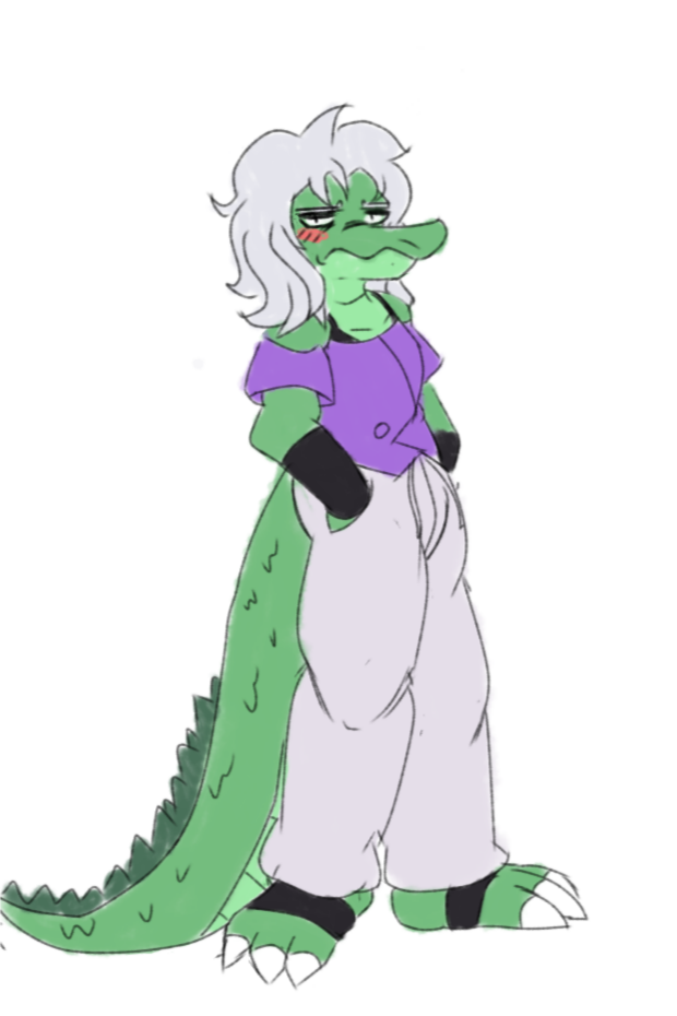 anthro apolonoise bottomwear clothed clothing colored_nails crocodile crocodilian crocodylid feet green_body larry_(apolonoise) male nails open_clothing open_shirt open_topwear pants reptile scalie shirt smile solo topwear white_nails