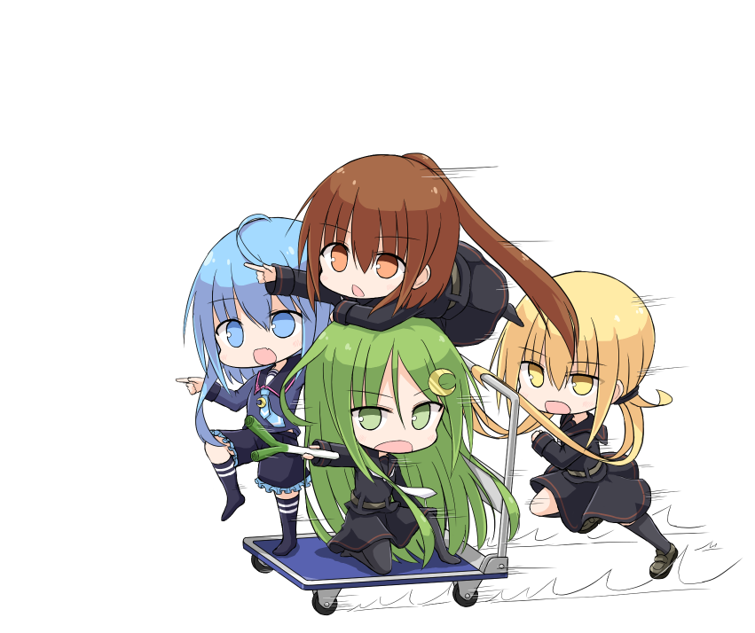 asymmetrical_hair black_pantyhose black_serafuku black_shorts blonde_hair blue_eyes blue_hair blue_shirt brown_eyes brown_hair cart crescent crescent_hair_ornament crescent_pin fumizuki_(kancolle) green_eyes green_hair hair_ornament kantai_collection long_hair minazuki_(kancolle) nagatsuki_(kancolle) necktie pantyhose pointing ponytail pushcart pushing pushing_cart riding satsuki_(kancolle) school_uniform serafuku shirt shorts simple_background spring_onion twintails white_background white_necktie yamato_tachibana yellow_eyes