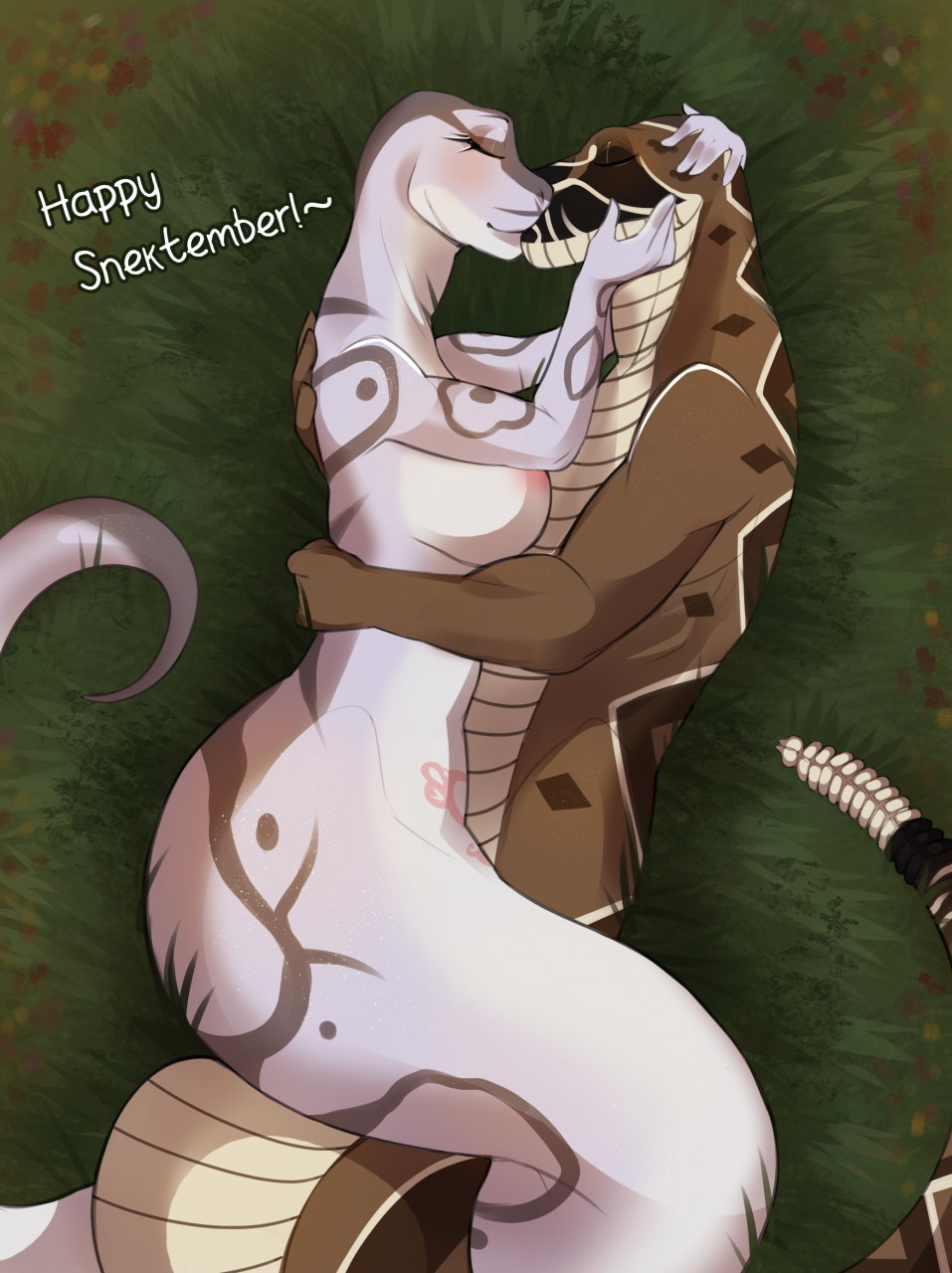 akasha_(chsnake5050) anthro apode belly_scales bindweed_(artist) breasts brown_body brown_scales draconcopode duo embrace eyes_closed female grey_body grey_scales hi_res hug intimate kiss_on_lips kissing legless love lying male male/female naga nipples on_grass on_side pit_viper rattle_(anatomy) rattlesnake reptile romantic romantic_couple scales scalie serpentine snake viper womb_tattoo