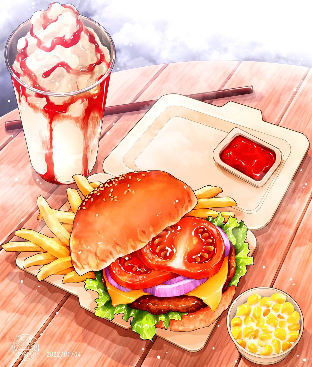 bread_bun burger commentary commentary_request container corn day drinking_straw food food_focus french_fries ice_cream ketchup lettuce no_humans onion ooranokohaku original outdoors sesame_seeds table tomato wooden_table