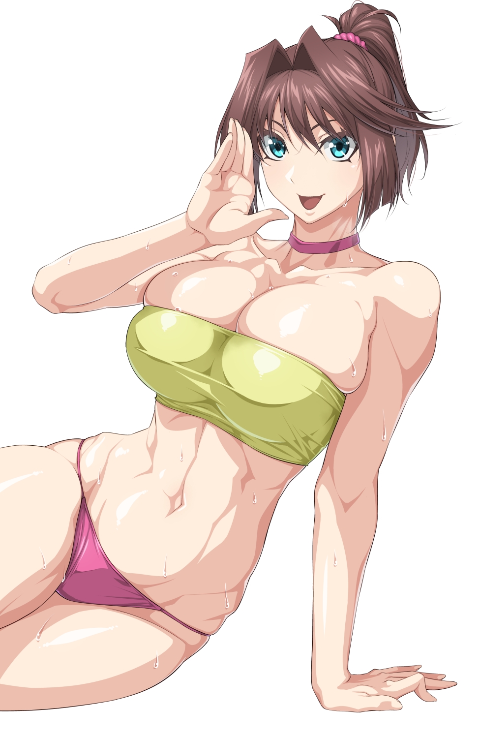1girl arm_support bangs bare_legs bare_shoulders barefoot blue_eyes breasts brown_hair choker commentary_request feet_out_of_frame hand_up highres large_breasts linea_alba mazaki_anzu medium_hair navel open_mouth ozaneko panties ponytail purple_choker purple_panties simple_background skindentation sleeveless smile solo strapless sweat toned tube_top underwear white_background yu-gi-oh! yu-gi-oh!_duel_monsters yu-gi-oh!_the_dark_side_of_dimensions