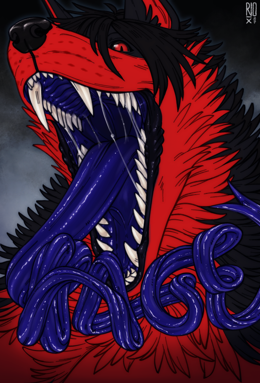 2021 anthro artist_logo black_body black_fur black_hair black_nose black_sclera blue_tongue bodily_fluids bust_portrait canid cheek_tuft dated facial_tuft fangs fur glistening glistening_eyes glistening_nose hair hi_res hyper hyper_tongue logo looking_at_viewer male mammal messy_hair mouth_shot neck_tuft nude open_mouth portrait red_body red_eyes red_fur riorix saliva saliva_string sharp_teeth simple_background solo teeth tongue tuft