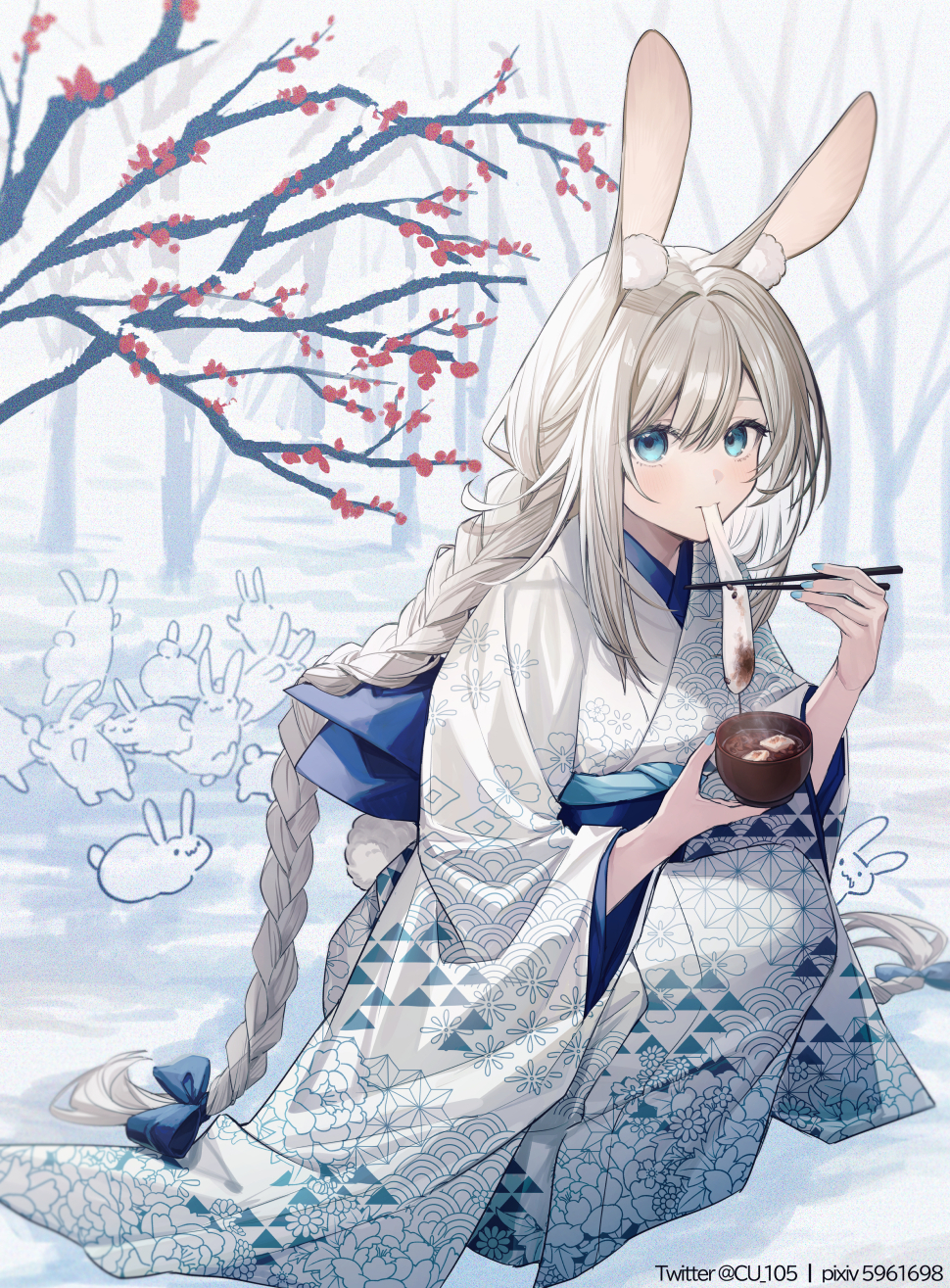 1girl animal_ear_fluff animal_ears artist_name asa_no_ha_(pattern) back_bow bangs bare_tree blue_bow blue_eyes blue_nails blue_sash blush bow bowl braid chinese_zodiac chopsticks closed_mouth commentary_request coyucom eating eyelashes fingernails floral_print flower food food_in_mouth hair_between_eyes hair_bow hands_up highres holding holding_bowl holding_chopsticks japanese_clothes kimono long_hair long_sleeves looking_at_viewer mochi mochi_trail nail_polish obi obiage original outdoors pixiv_id plum_blossoms print_kimono rabbit rabbit_ears rabbit_girl rabbit_tail sash seigaiha shiruko_(food) sidelocks snow solo squatting tail tree twin_braids twitter_username uroko_(pattern) very_long_hair white_hair white_kimono wide_sleeves winter year_of_the_rabbit