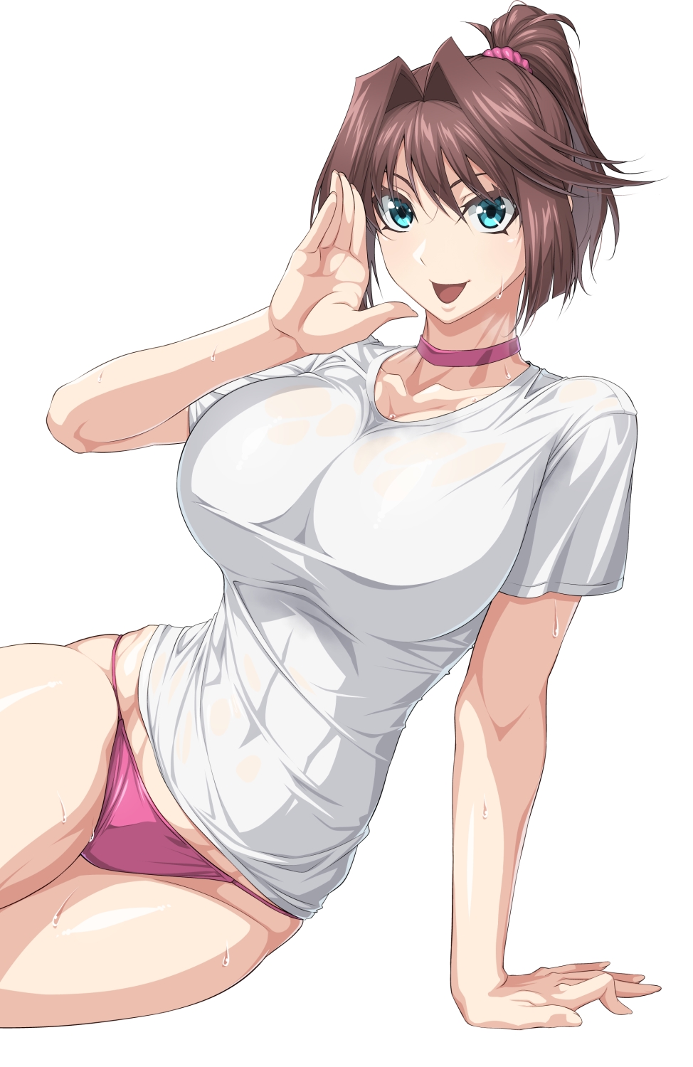 1girl arm_support bare_legs blue_eyes breasts brown_hair choker commentary_request covered_navel feet_out_of_frame hand_up highres large_breasts linea_alba mazaki_anzu medium_hair open_mouth ozaneko panties ponytail purple_choker purple_panties shirt short_sleeves simple_background smile solo sweat toned underwear white_background white_shirt yu-gi-oh! yu-gi-oh!_duel_monsters yu-gi-oh!_the_dark_side_of_dimensions