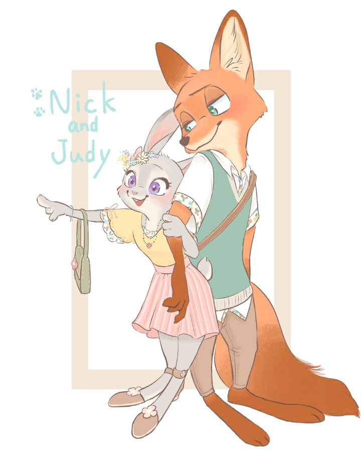 anthro arm_grab barefoot blush canid canine disney duo english_text feet female footprint fox gesture jewelry judy_hopps lagomorph leporid looking_at_another male male/female mammal memegmu necklace nick_wilde pawprint pointing purse rabbit text zootopia
