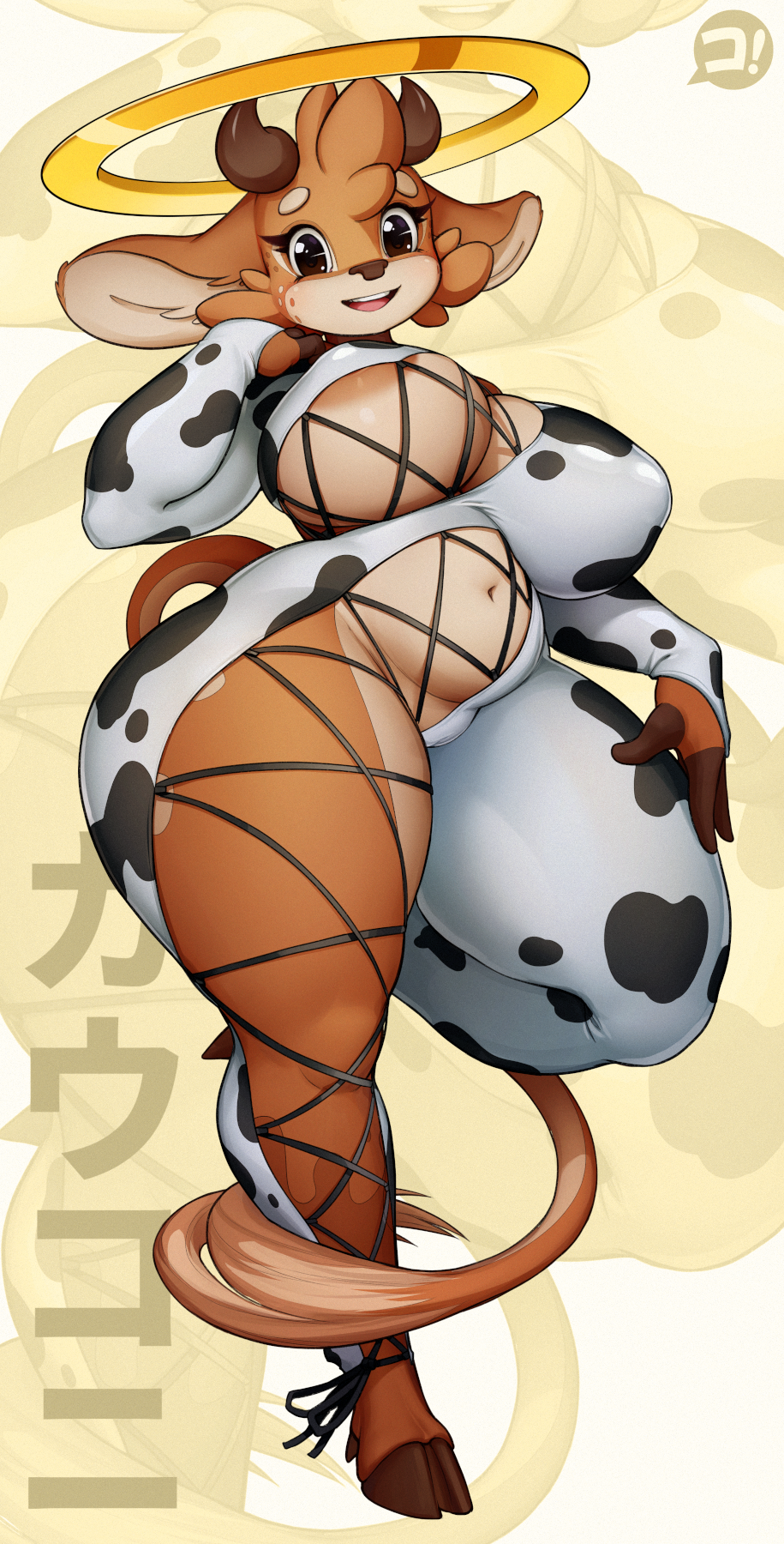 2023 animal_print anthro antlers areola big_breasts breasts camel_toe clothed clothing cow_print deer digital_media_(artwork) eyelashes female fingers halo hi_res hooves horn kokoni kokoni_(character) looking_at_viewer mammal navel open_mouth open_smile smile solo thick_thighs zoom_layer