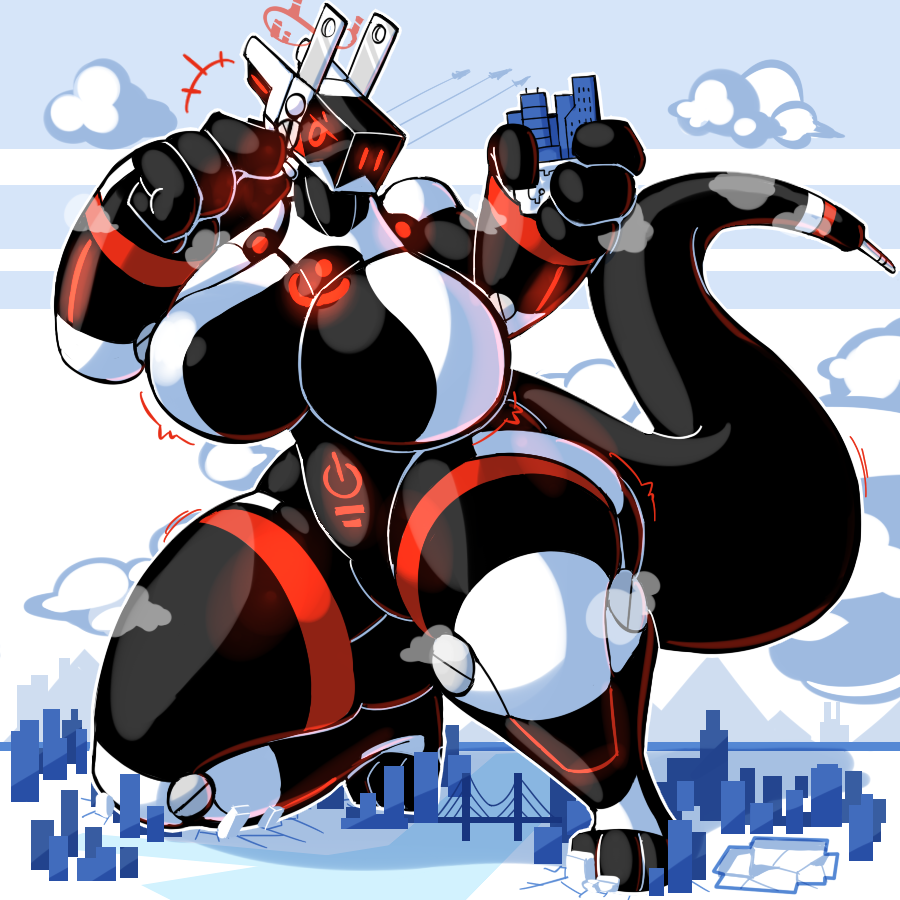 aircraft airplane anthro baronflint big_breasts big_butt big_tail body_size_growth breasts butt city cloud dragon female growth huge_breasts huge_butt huge_thighs machine macro multicolored_body outside plant red_eyes robot size_transformation solo tail thick_thighs transformation wide_hips