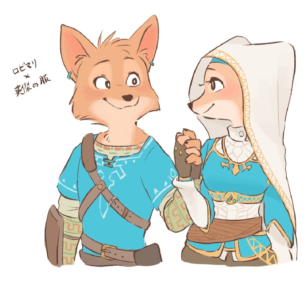 anthro breath_of_the_wild canid canine clothing cosplay crossover crossover_cosplay disney duo ear_piercing female fingerless_gloves fox gloves hand_holding handwear japanese_text link looking_at_another maid_marian male male/female mammal memegmu nintendo piercing princess_zelda robin_hood robin_hood_(disney) text the_legend_of_zelda veil