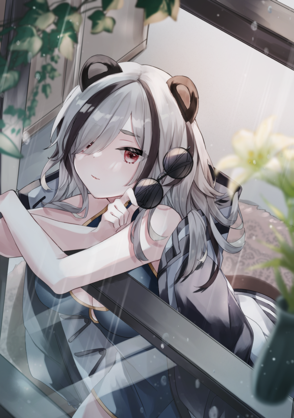 1girl animal_ears arknights blurry blurry_foreground breasts china_dress chinese_clothes dress eyewear_removed feater_(arknights) flower grey_hair hair_down highres holding holding_eyewear large_breasts leaning_on_rail long_hair multicolored_hair panda_ears rain red_eyes saiko_(saisaka) streaked_hair sunglasses
