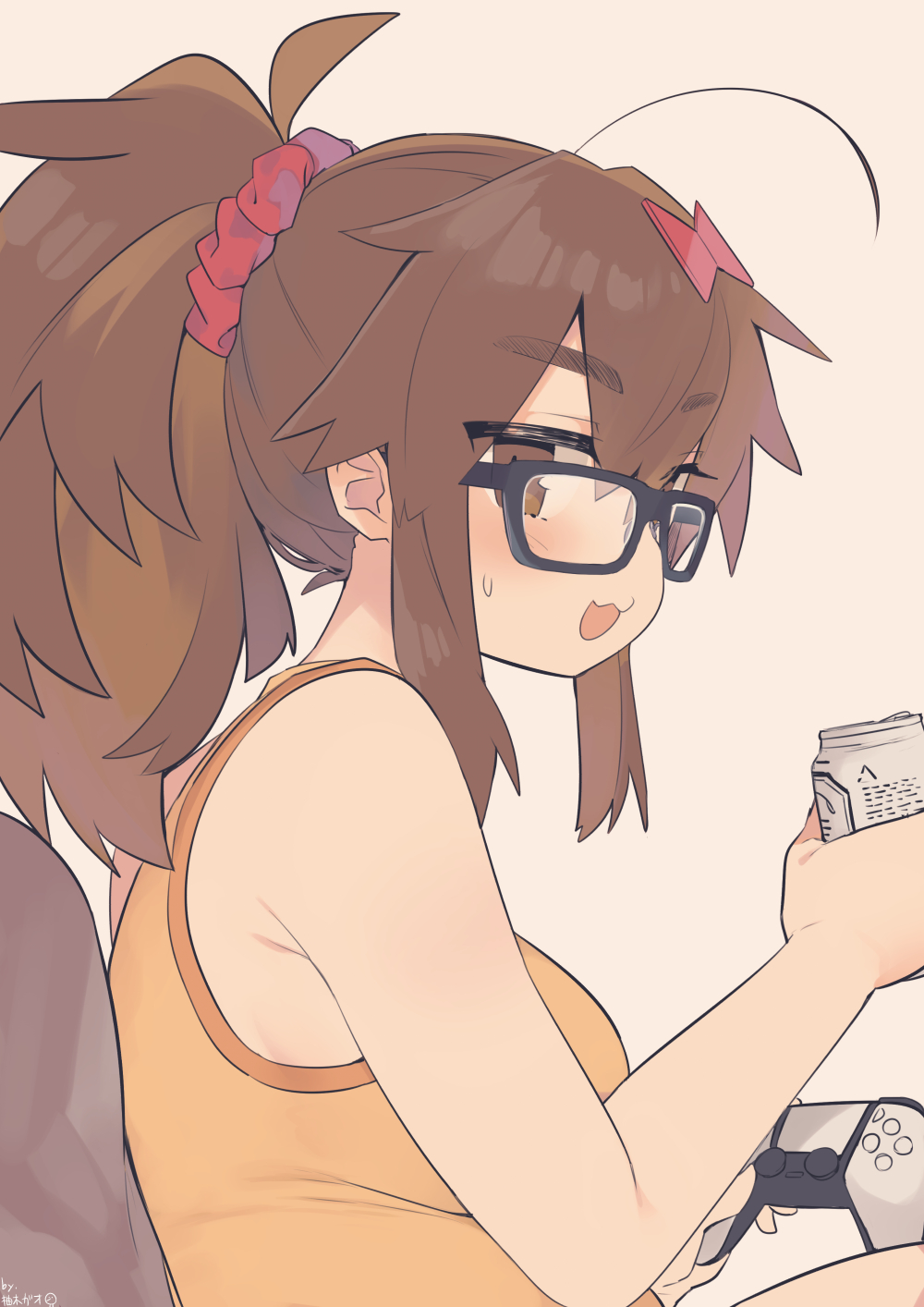 1girl ahoge beer_can bow brown_eyes brown_hair can controller fate/extra fate/extra_ccc fate_(series) game_controller glasses hair_bow hair_ornament hair_scrunchie highres holding holding_controller holding_game_controller jinako_carigiri long_hair ponytail scrunchie tank_top yellow_tank_top yuzuki_gao