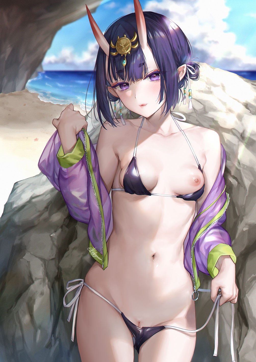 1girl :3 against_rock ass_visible_through_thighs bare_shoulders beach bikini bikini_pull blue_sky bob_cut breasts closed_mouth clothes_pull cloud cowboy_shot day eyeliner fang fang_out fate/grand_order fate_(series) groin hair_ornament hair_up halterneck hand_up highres holding horns jacket kaguyuzu leaning_back light_blush lips looking_at_viewer maebari makeup micro_bikini multicolored_clothes multicolored_jacket navel nipples ocean off_shoulder one_breast_out oni_horns open_clothes open_jacket outdoors pointy_ears purple_bikini purple_eyes purple_hair purple_jacket red_eyeliner rock sand short_eyebrows short_hair shuten_douji_(fate) side-tie_bikini_bottom sidelocks skin-covered_horns sky small_breasts smile solo standing stomach string_bikini swimsuit thick_eyebrows thighs two-tone_jacket untied untied_bikini unzipped zipper_pull_tab