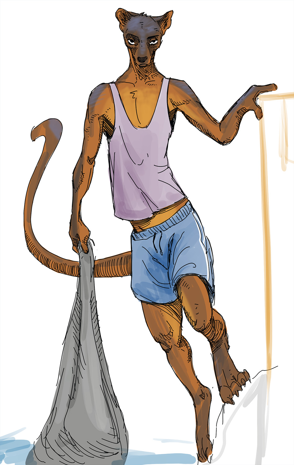 anthro black_eyes bottomwear brown_body brown_fur clothed clothing countershading digital_media_(artwork) euplerid fishing_net fossa fur hi_res long_tail looking_at_viewer male mammal net outside scuotivento shirt shorts simple_background solo tail tank_top topwear water