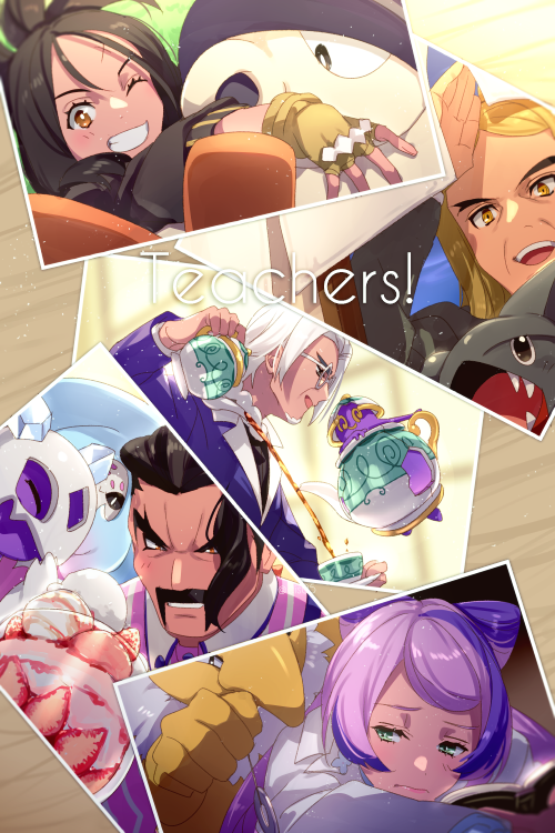 2girls 3boys black_hair black_jacket blonde_hair book clavell_(pokemon) coat cup dendra_(pokemon) earrings echo_(circa) english_text facial_hair fingerless_gloves flower_earrings froslass gible glasses gloves goatee green_eyes grin half_updo hariyama hassel_(pokemon) hatterene holding holding_book holding_teapot hypno jacket jewelry light_purple_hair long_hair looking_at_viewer mature_male medium_hair miriam_(pokemon) multicolored_hair multiple_boys multiple_girls mustache one_eye_closed open_mouth photo_(object) pokemon pokemon_(creature) pokemon_(game) pokemon_sv polteageist pouring purple_hair round_eyewear saguaro_(pokemon) scar scar_on_face scar_on_forehead short_hair smile strawberry_parfait teapot thick_eyebrows track_jacket two-tone_hair white_coat white_hair yellow_gloves