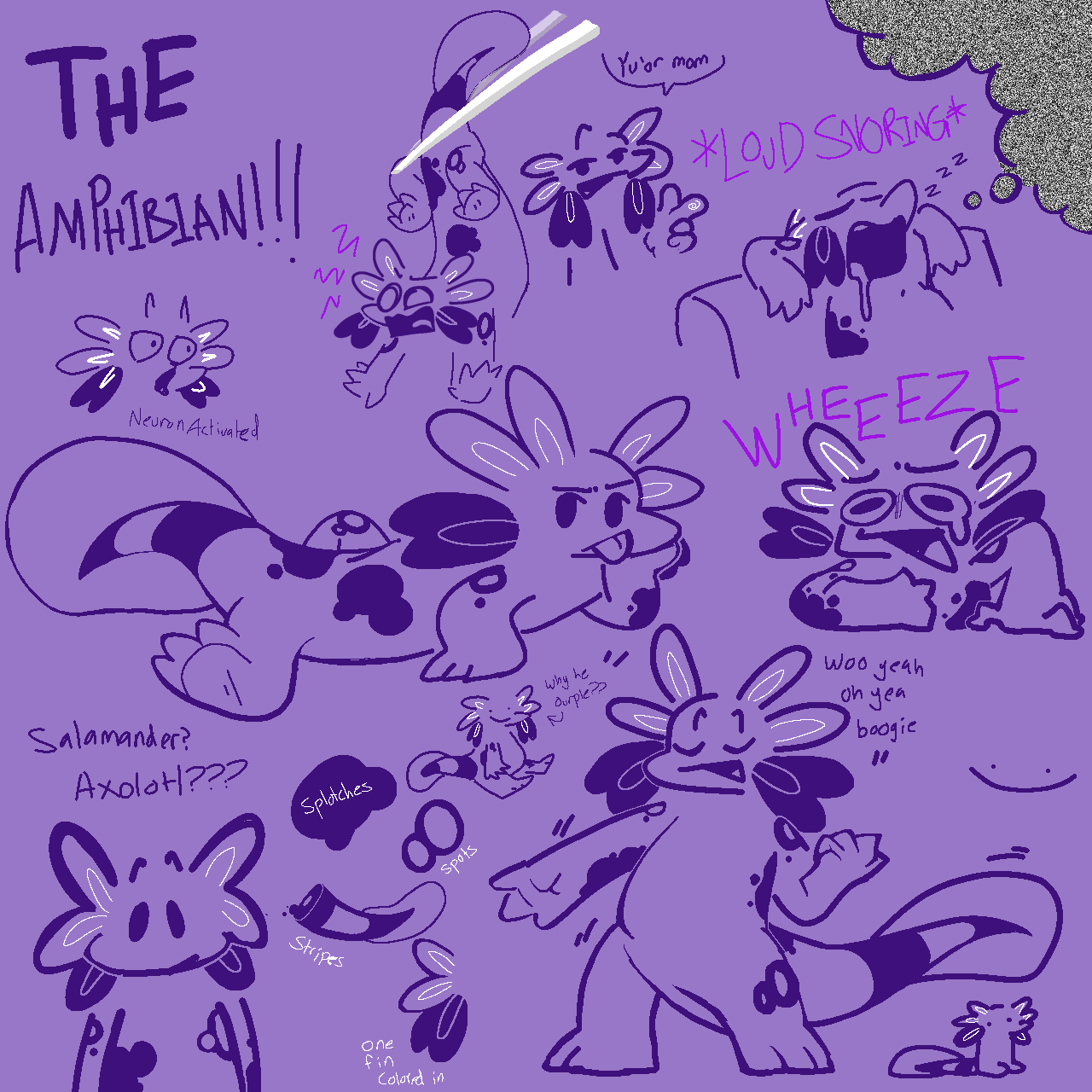 ambiguous_gender ambiguous_species amphibian anthro axolotl chopsticks dancing hi_res jamsire marine markings meme mole_salamander mottled pog purple_body purple_skin salamander_(amphibian) simple_background sketch sleeping solo spots spotted_markings static striped_markings stripes wheeze_comic your_mother