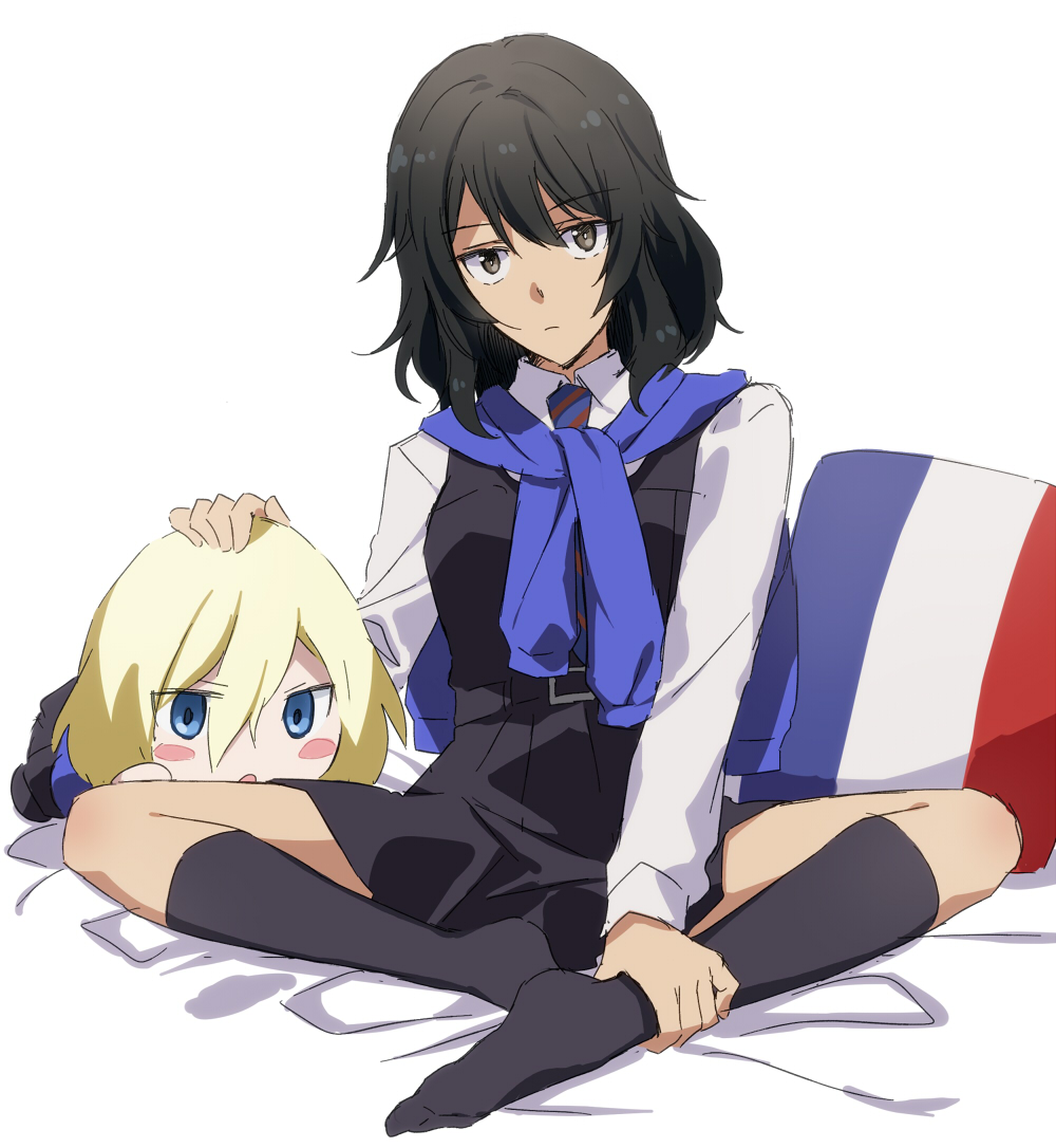 1girl amazuki_jou andou_(girls_und_panzer) bangs bc_freedom_school_uniform black_dress black_hair black_socks blue_cardigan blue_necktie blush_stickers brown_eyes cardigan character_doll closed_mouth commentary dark-skinned_female dark_skin dress dress_shirt flag_print french_flag frown girls_und_panzer indian_style long_sleeves looking_at_viewer medium_hair messy_hair necktie on_bed oshida_(girls_und_panzer) pillow pinafore_dress pleated_dress print_pillow school_uniform shirt short_dress simple_background sitting socks solo sweater_around_neck white_background white_shirt wing_collar