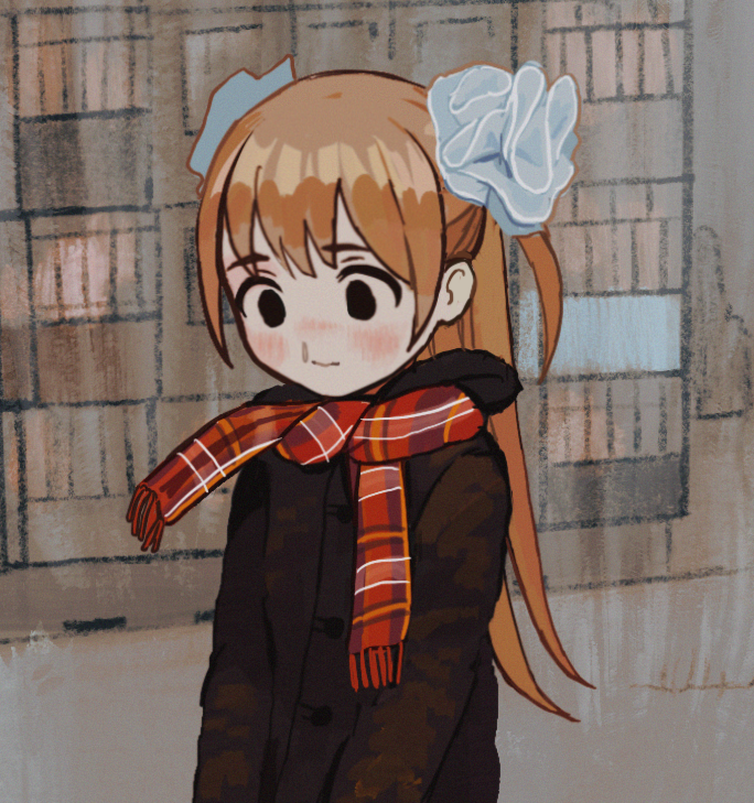 1girl 3: :&gt; bangs black_eyes blonde_hair blue_scrunchie blush closed_mouth cold empty_eyes film_grain flesh_blood_&amp;_concrete fringe_trim hair_behind_ear hair_ornament hair_scrunchie hood hood_down io_(onisarashi) long_hair long_sleeves looking_ahead mismatched_eyebrows muted_color nika_(flesh_blood_&amp;_concrete) no_nose nose_blush official_art outdoors plaid plaid_scarf red_scarf runny_nose scarf scrunchie shiny shiny_hair snot solo straight_hair tareme two_side_up upper_body winter_clothes