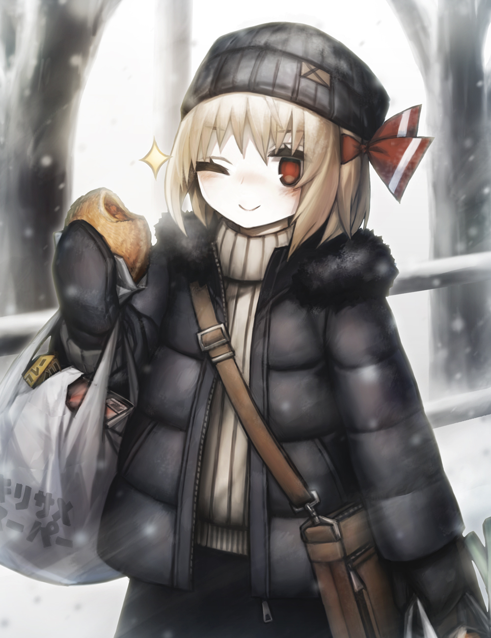 1girl ;) alternate_costume bag beanie blonde_hair bun_(food) food hat highres holding holding_food looking_at_viewer mittens one_eye_closed rumia shoulder_bag smile snow solo spark621 sparkle touhou tree winter winter_clothes