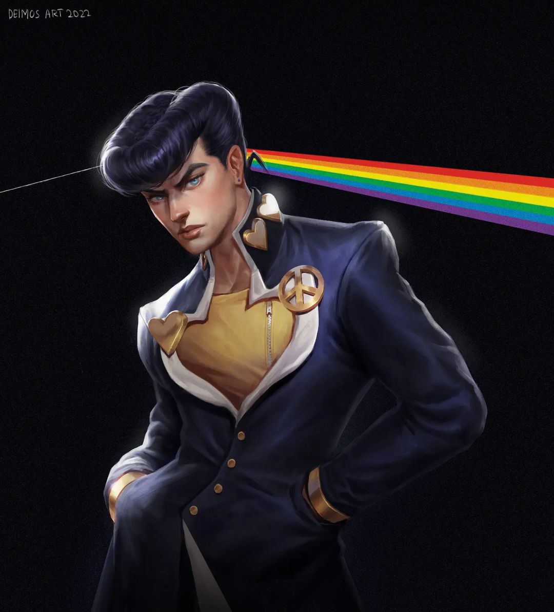 1boy black_background black_hair brooch dark_background dark_side_of_the_moon deimos_art diamond_wa_kudakenai gakuran hands_in_pockets heart higashikata_josuke jewelry jojo_no_kimyou_na_bouken looking_at_viewer peace_symbol pink_floyd pompadour rainbow school_uniform shirt short_hair simple_background solo yellow_shirt