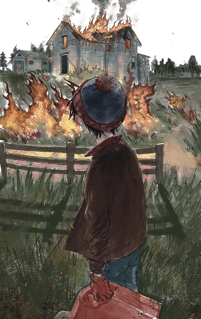 1boy arson beanie black_hair blue_headwear brown_jacket day denim embers english_commentary feet_out_of_frame fence field fire from_behind garage gas_can gloves grass hat holding house jacket jeans looking_ahead mrs.yega_(nai0026er) open_clothes open_jacket outdoors pants pine_tree pom_pom_(clothes) red_gloves red_headwear shadow short_hair smoke south_park stan_marsh tree white_sky wind wooden_fence