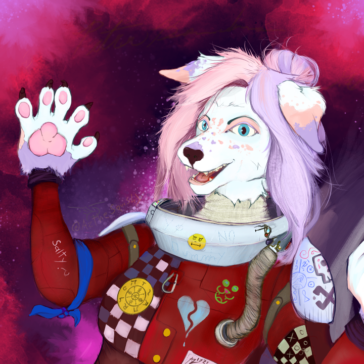 anthro asquishybean bright_colors canid canine canis card clothed clothing digital_media_(artwork) digital_painting_(artwork) domestic_dog female fur hair looking_at_viewer mammal open_mouth pirate portrait simple_background smile solo space_pirate spacesuit tarot_card