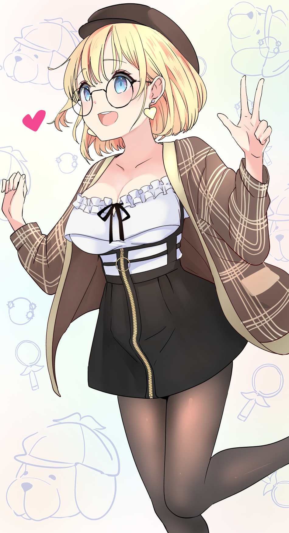 1girl :d black_skirt blonde_hair blue_eyes bob_cut breasts brown_coat brown_headwear bubba_(watson_amelia) chinese_commentary cleavage coat commentary earrings frills gradient gradient_background h2o_(ddks2923) happy heart heart_earrings highres hololive hololive_english jewelry looking_to_the_side official_alternate_costume official_alternate_hairstyle open_clothes open_coat open_mouth shirt short_hair skirt smile solo standing standing_on_one_leg teeth thighhighs translated upper_teeth_only virtual_youtuber w watson_amelia white_shirt zipper zipper_pull_tab