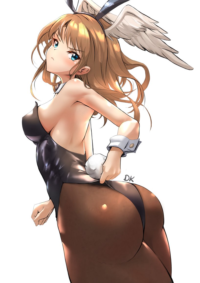 1girl adjusting_clothes animal_ears artist_name ass bangs bare_shoulders blue_eyes blush breasts brown_hair closed_mouth commentary deekei detached_collar eunie_(xenoblade) fake_animal_ears fake_tail hair_ornament hairband head_wings highleg highleg_leotard leotard long_hair looking_at_viewer medium_breasts pantyhose playboy_bunny rabbit_ears rabbit_tail serious shiny shiny_clothes shiny_hair signature simple_background skin_tight strapless strapless_leotard tail white_background wings wrist_cuffs xenoblade_chronicles_(series) xenoblade_chronicles_3