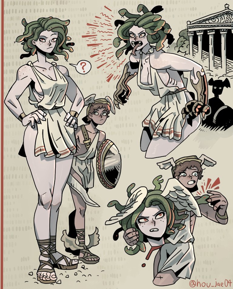 1boy 1girl forked_tongue gladiator_sandals greek_clothes height_difference ho-uja medusa_(mythology) original perseus sandals snake_hair tall tall_female tongue