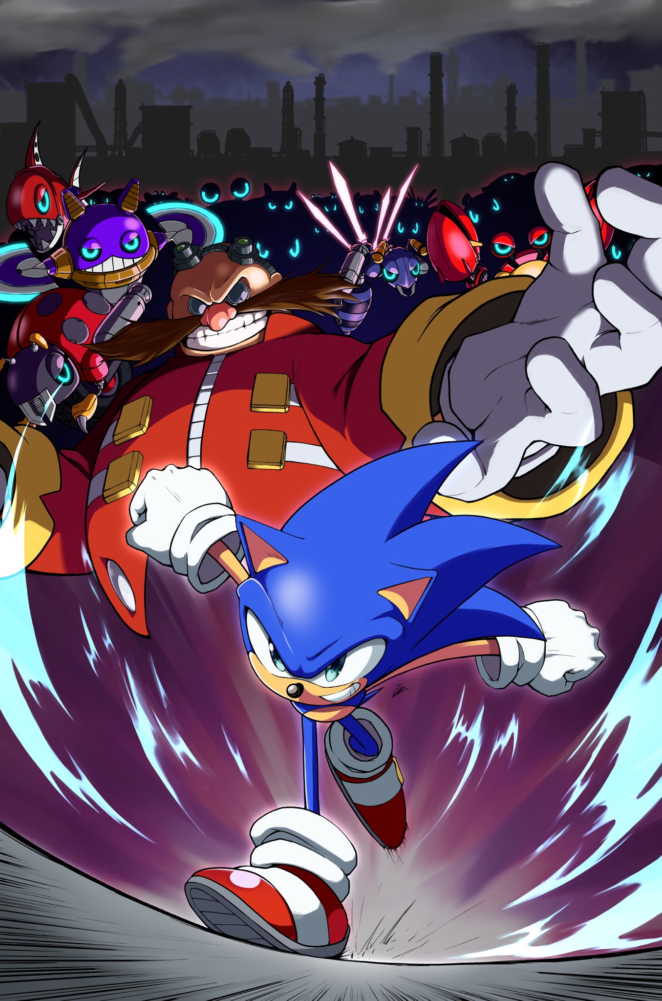 2boys animal_nose banel_springer bee bug buzz_bomber chopper_(sonic) commentary crab crabmeat_(sonic) dr._eggman english_commentary facial_hair factory fish full_body furry furry_male glasses gloves glowing glowing_eyes goggles goggles_on_head grin highres jacket ladybug long_sleeves looking_at_viewer moto_bug multiple_boys mustache red_footwear red_jacket robot round_eyewear running shoes silhouette smile smirk smoke smokestack sonic_(series) sonic_the_hedgehog spinner_(sonic) teeth upper_body v-shaped_eyes white_gloves zipper