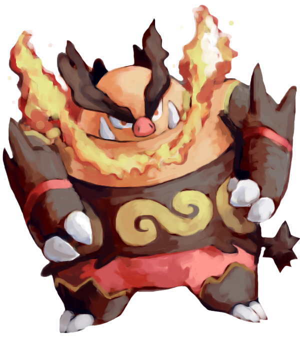 black_tail claws closed_mouth emboar english_commentary fangs fangs_out fire full_body no_humans pig pink_eyes pokemon pokemon_(creature) sailorclef solo transparent_background