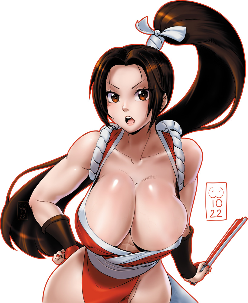 1girl a_bosom_for_a_pillow bangs bare_shoulders breasts brown_eyes brown_hair cleavage collarbone commentary covered_nipples fatal_fury fingernails folded_fan folding_fan hand_fan high_ponytail holding japanese_clothes large_breasts lips long_hair looking_at_viewer nail_polish ninja open_mouth parted_bangs pelvic_curtain ponytail rope shiny shiny_hair shiny_skin shiranui_mai simple_background sleeveless solo teeth the_king_of_fighters thighs upper_body upper_teeth_only v-shaped_eyebrows white_background