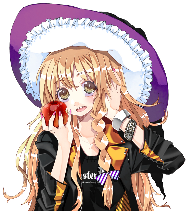 apple blonde_hair braid contemporary food fruit hat holding holding_food holding_fruit kirisame_marisa long_hair sarusaru_naoto sleeves_pushed_up solo touhou witch_hat yellow_eyes