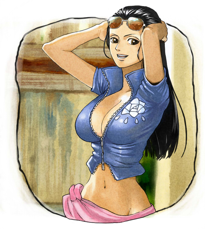 arms_behind_head black_hair breasts brown_eyes cleavage grin hair_slicked_back large_breasts long_hair midriff navel nico_robin one_piece pink_sarong sarong smile solo sunglasses suyu38 unzipped zipper