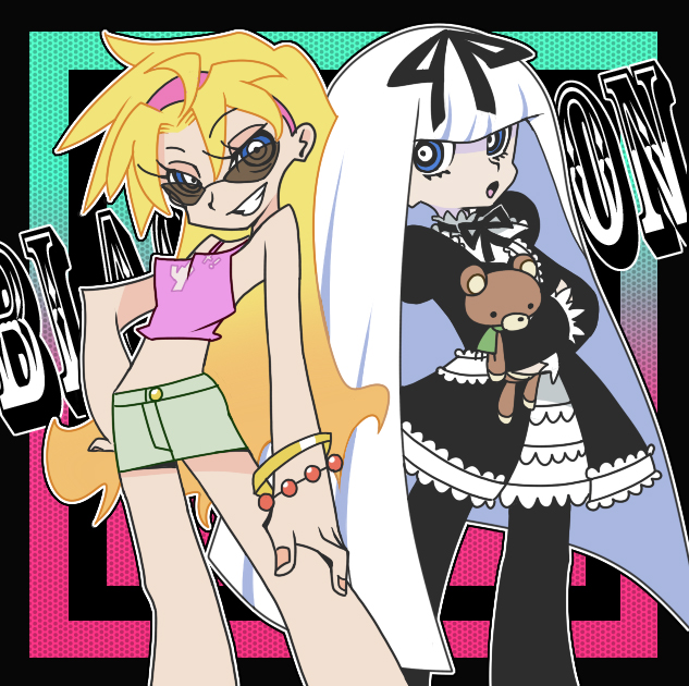 bad_id bad_pixiv_id bangle bare_legs bare_shoulders black_lagoon blonde_hair blue_eyes bracelet eda_(black_lagoon) gothic_lolita gretel_(black_lagoon) hair_ribbon hairband jewelry lolita_fashion long_hair multiple_girls panty_&amp;_stocking_with_garterbelt pantyhose parody ribbon shorts stuffed_animal stuffed_toy style_parody sunglasses tank_top teddy_bear tekunoga very_long_hair white_hair