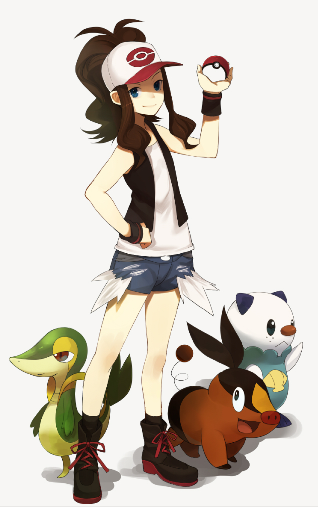 :d antenna_hair baseball_cap blue_eyes boots brown_hair face gen_5_pokemon hand_on_hip hat holding holding_poke_ball long_hair open_mouth oshawott poke_ball pokemon pokemon_(creature) pokemon_(game) pokemon_bw ponytail shirabi shorts smile snivy standing tepig touko_(pokemon) wristband